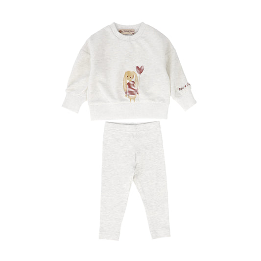 PHIL AND PHOEBE GREY/PINK PUPPY PATCH SWEATSHIRT SET