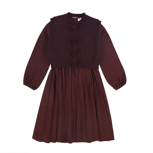 MINIMAL BURGUNDY KNIT OVERLAY PLEATED DRESS