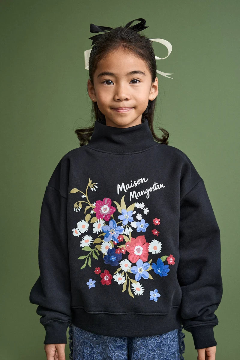 MAISON MANGOSTAN BLACK EMBROIDERED FLORAL TURTLENECK SWEATER