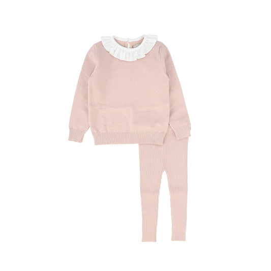 ONE CHILD PINK KNIT RUFFLE COLLAR SWEATER SET