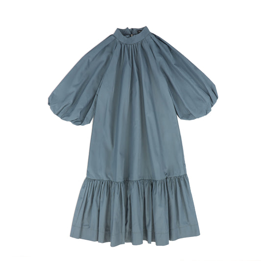 FRANCESCA GUILIANO DUSTY BLUE PUFF SLEEVE NECK TIE DRESS