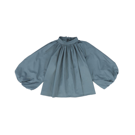 FRANCESCA GUILIANO DUSTY BLUE PUFF SLEEVE NECK TIE BLOUSE