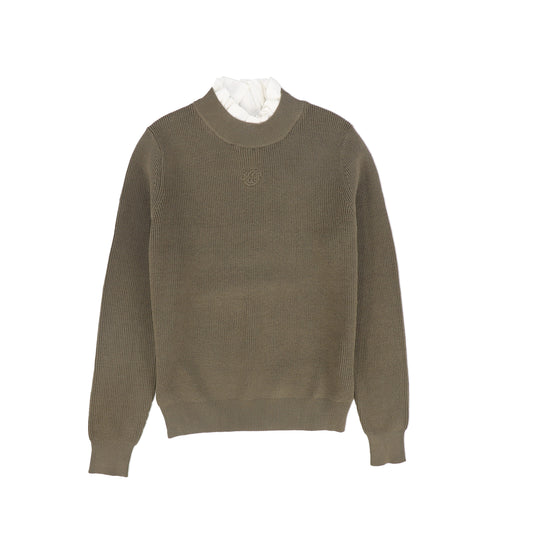 MALLORY AND MERLOT OLIVE GREEN RUFFLE KNIT MOCKNECK