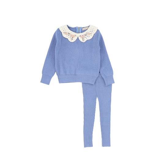 ONE CHILD BLUE CROCHET COLLAR KNIT SWEATER SET