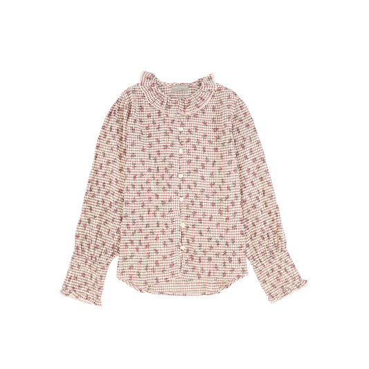 ONE CHILD BURGUNDY FLUTTER CHECKED BLOUSE