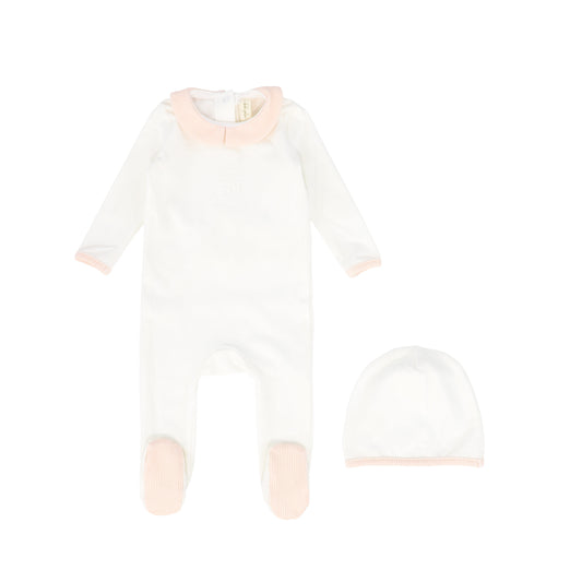 BEBE JOLEE PINK STRIPE COLLAR MONOGRAM FOOTIE SET