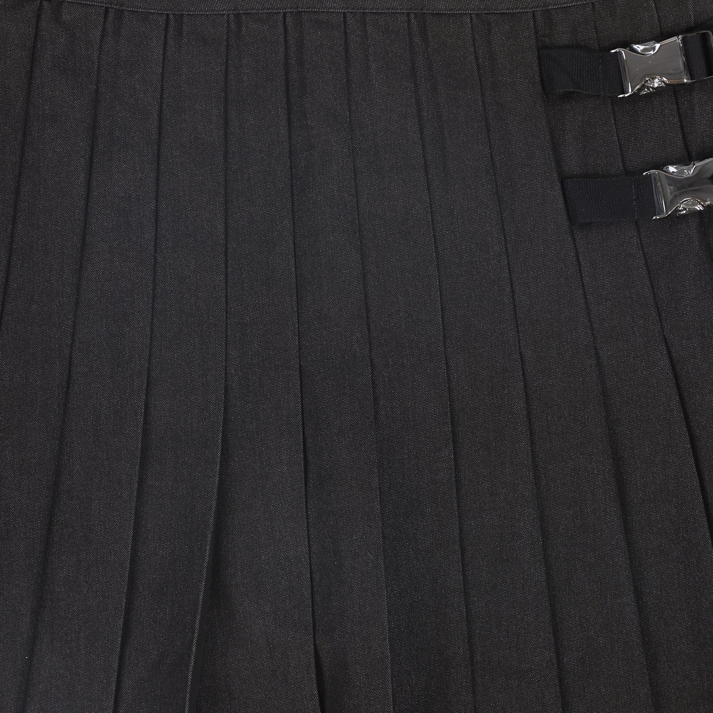 VALENTINA BLACK DENIM PLEATED BUCKLE MIDI SKIRT