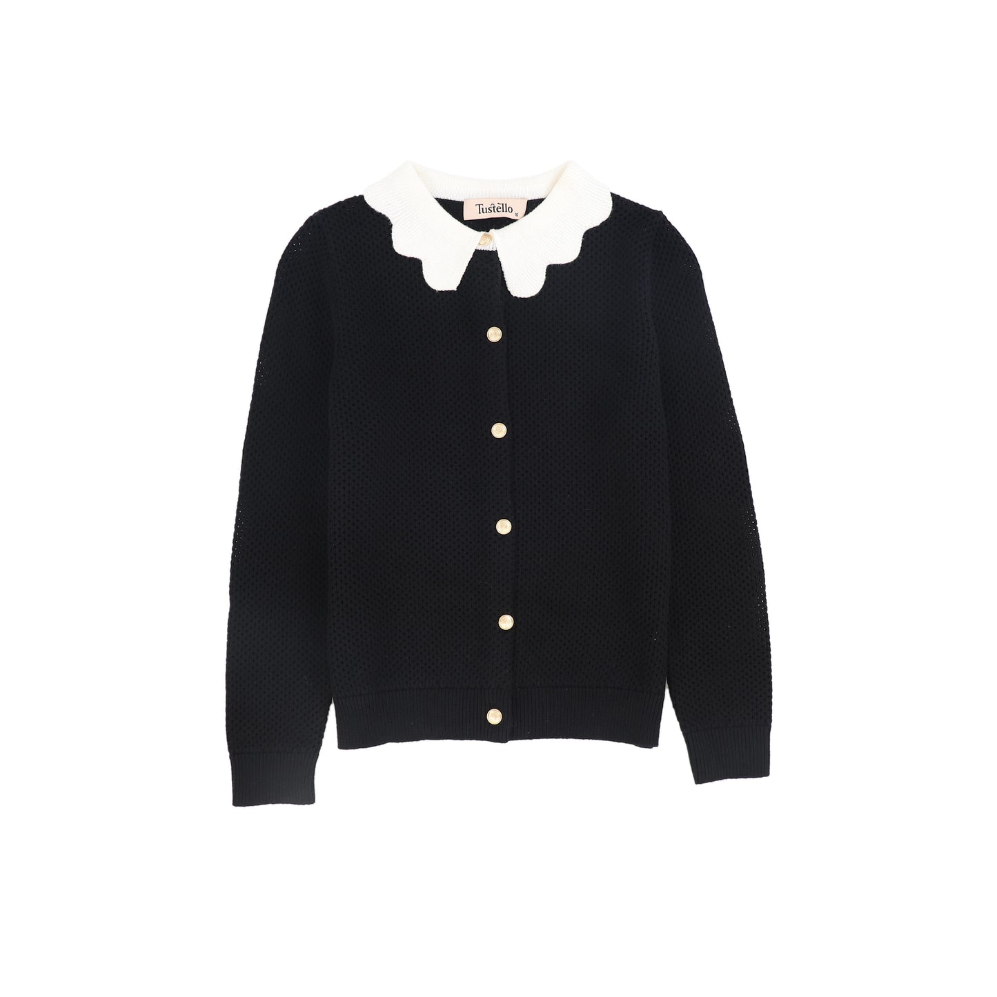 TUSTELLO BLACK POINTELLE SCALLOP COLLAR CARDIGAN