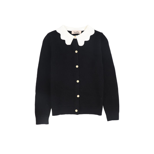 TUSTELLO BLACK POINTELLE SCALLOP COLLAR CARDIGAN