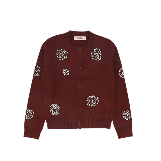 TUSTELLO BURGUNDY SCATTERED RHINESTONE CARDIGAN