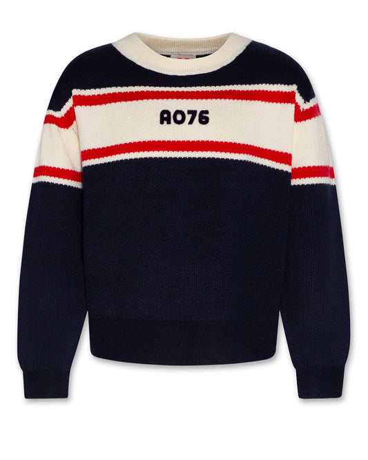 AO76 NAVY VARSITY PRINT KNIT SWEATER