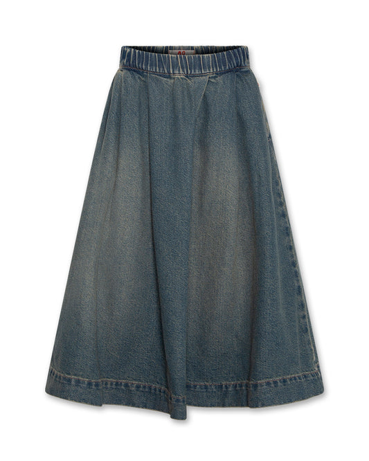 AO76 BLUE DENIM WASH A-LINE MIDI SKIRT