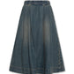 AO76 BLUE DENIM WASH A-LINE MIDI SKIRT