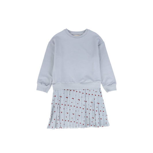 PHIL AND PHOEBE LIGHT BLUE HEART PRINT PLEATED SWEATSHIRT DRESS