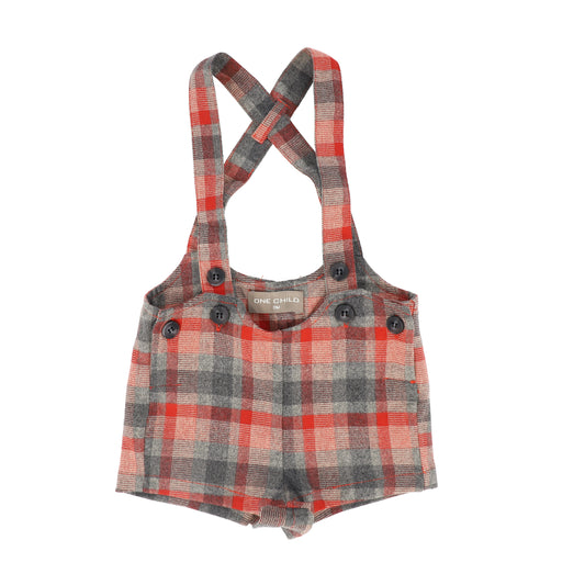 ONE CHILD GREY PLAID BUTTON SUSPENDER SHORTS