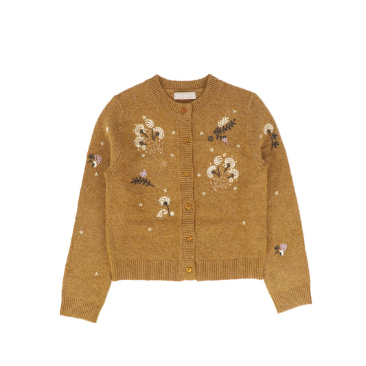 ONE CHILD CAMEL FLOWER EMBROIDERED KNIT CARDIGAN