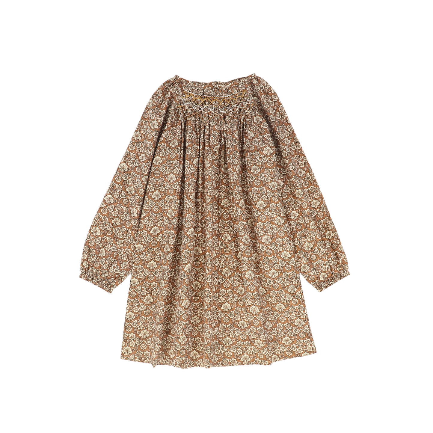 ONE CHILD CAMEL FLORAL PRINT SMOCKED DRESS