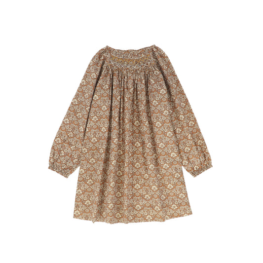 ONE CHILD CAMEL FLORAL PRINT SMOCKED DRESS