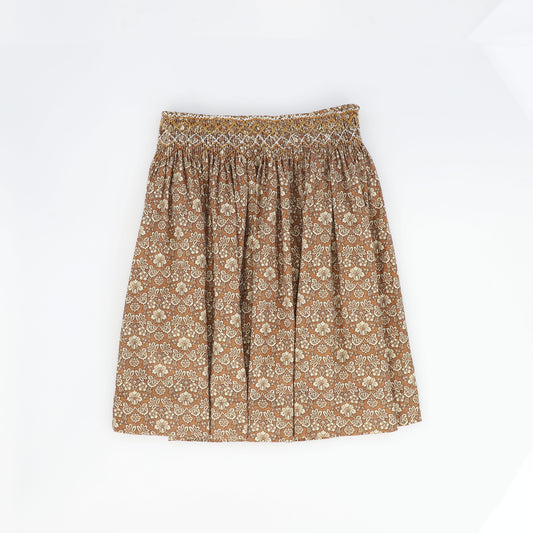 ONE CHILD CAMEL FLORAL PRINT SMOCKED SKIRT