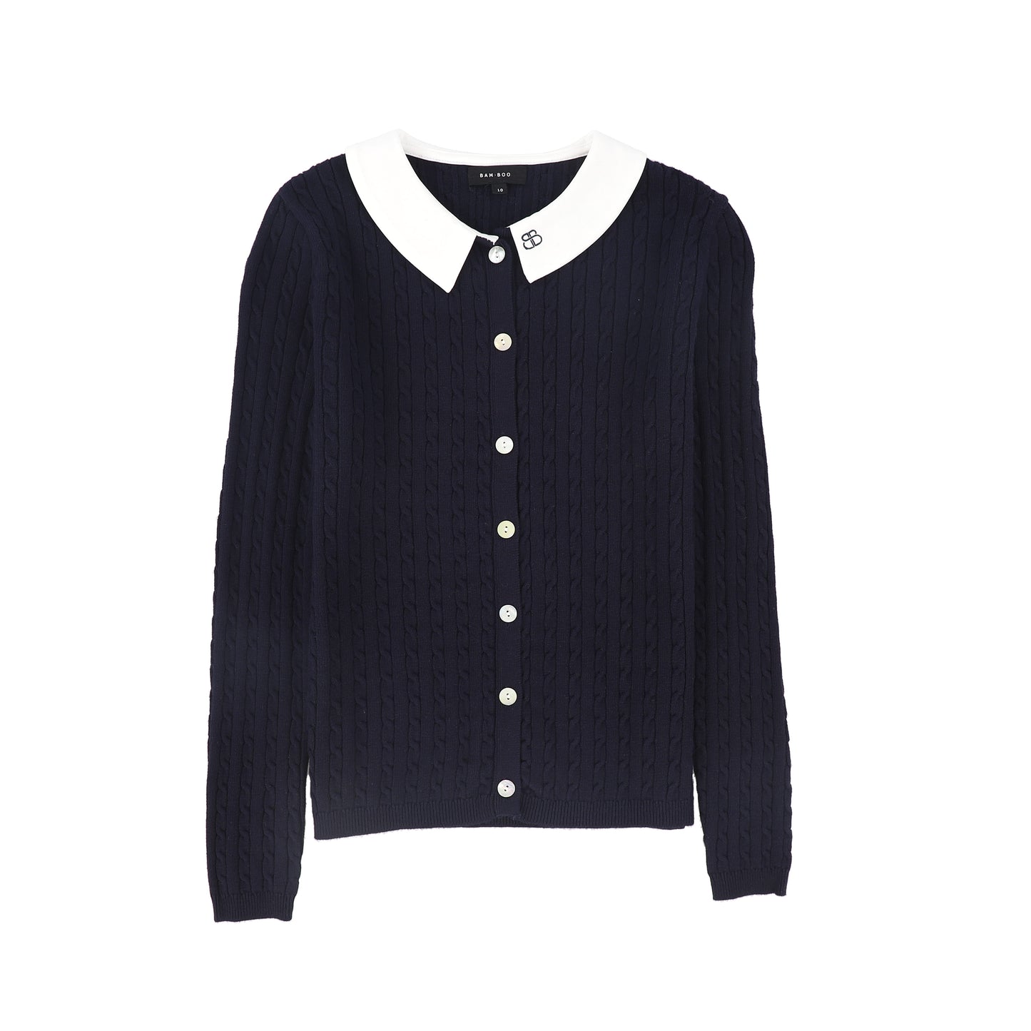 BAMBOO NAVY CABLE KNIT COLLAR CARDIGAN