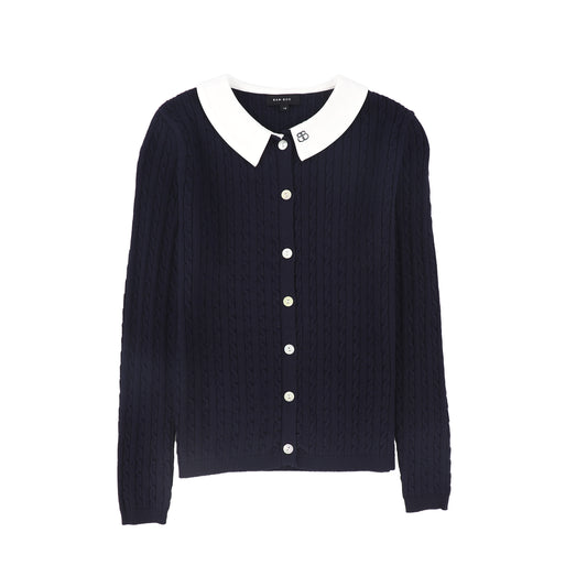 BAMBOO NAVY CABLE KNIT COLLAR CARDIGAN