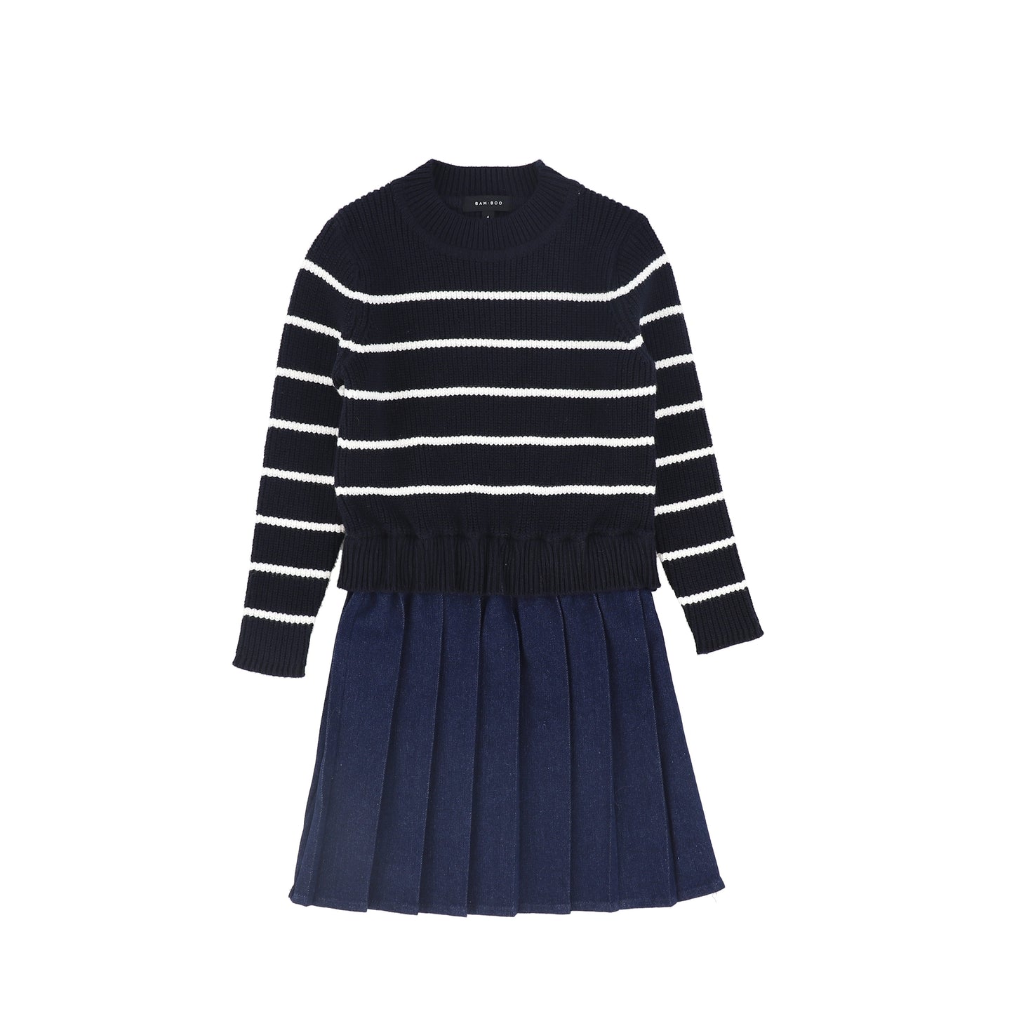 BAMBOO NAVY STRIPE KNIT PLEATED DRESS