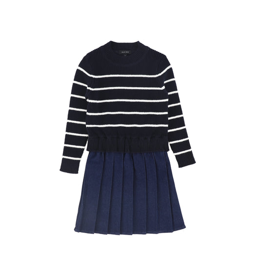 BAMBOO NAVY STRIPE KNIT PLEATED DRESS