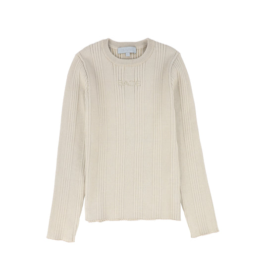 BACE COLLECTION BEIGE RIBBED KNIT EMBROIDERED SWEATER