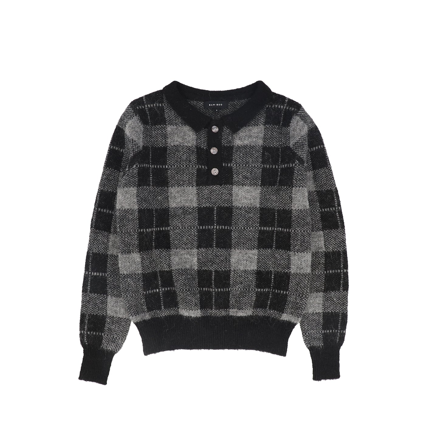 BAMBOO BLACK/CHARCOAL PLAID KNIT COLLAR SWEATER