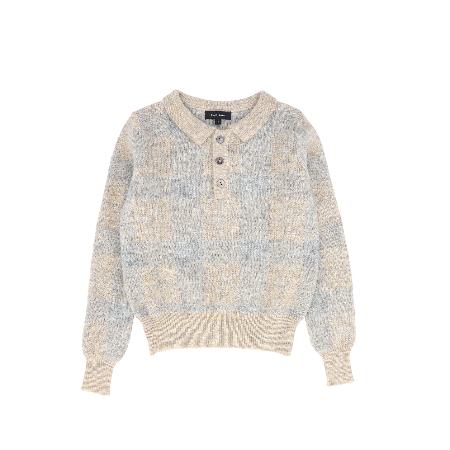 BAMBOO LIGHT GREY PLAID KNIT COLLAR SWEATER