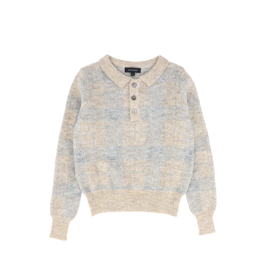 BAMBOO LIGHT GREY PLAID KNIT COLLAR SWEATER