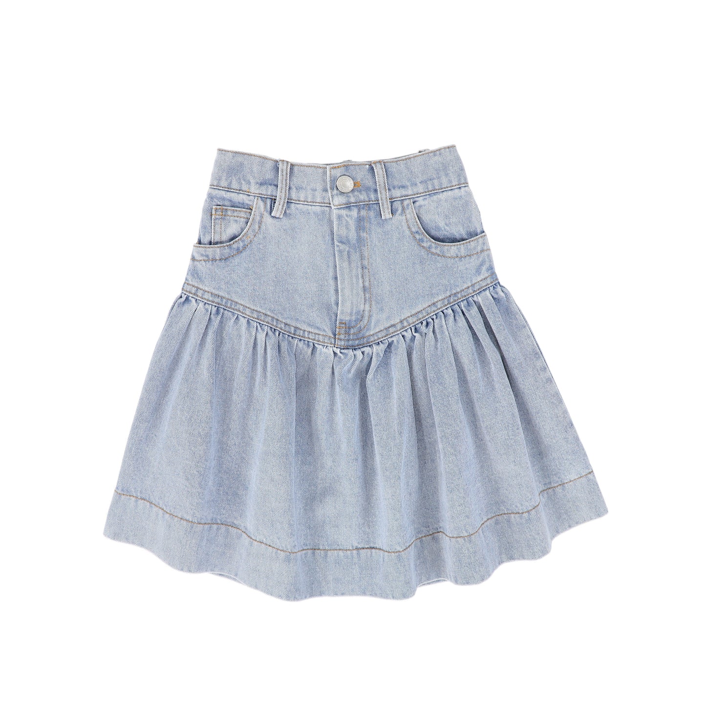 BAMBOO BLUE WASH DENIM DROP WAIST FRILL SKIRT
