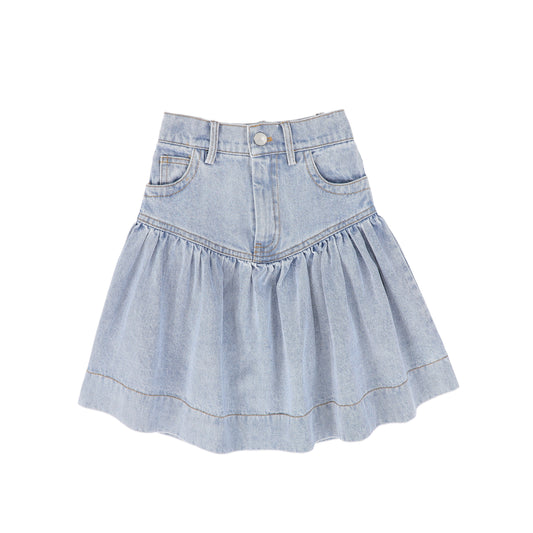 BAMBOO BLUE WASH DENIM DROP WAIST FRILL SKIRT