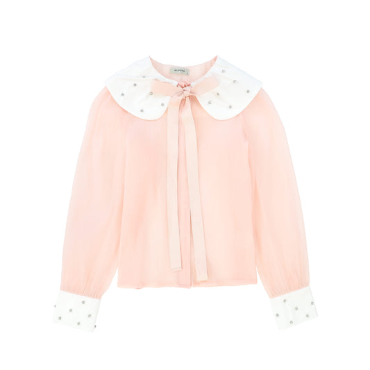 VALENTINA PINK GAUZE RHINESTONE COLLAR BLOUSE