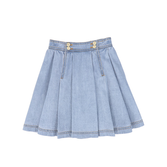 BACE COLLECTION LIGHT BLUE DENIM DOUBLE BUTTON PLEAT SKIRT
