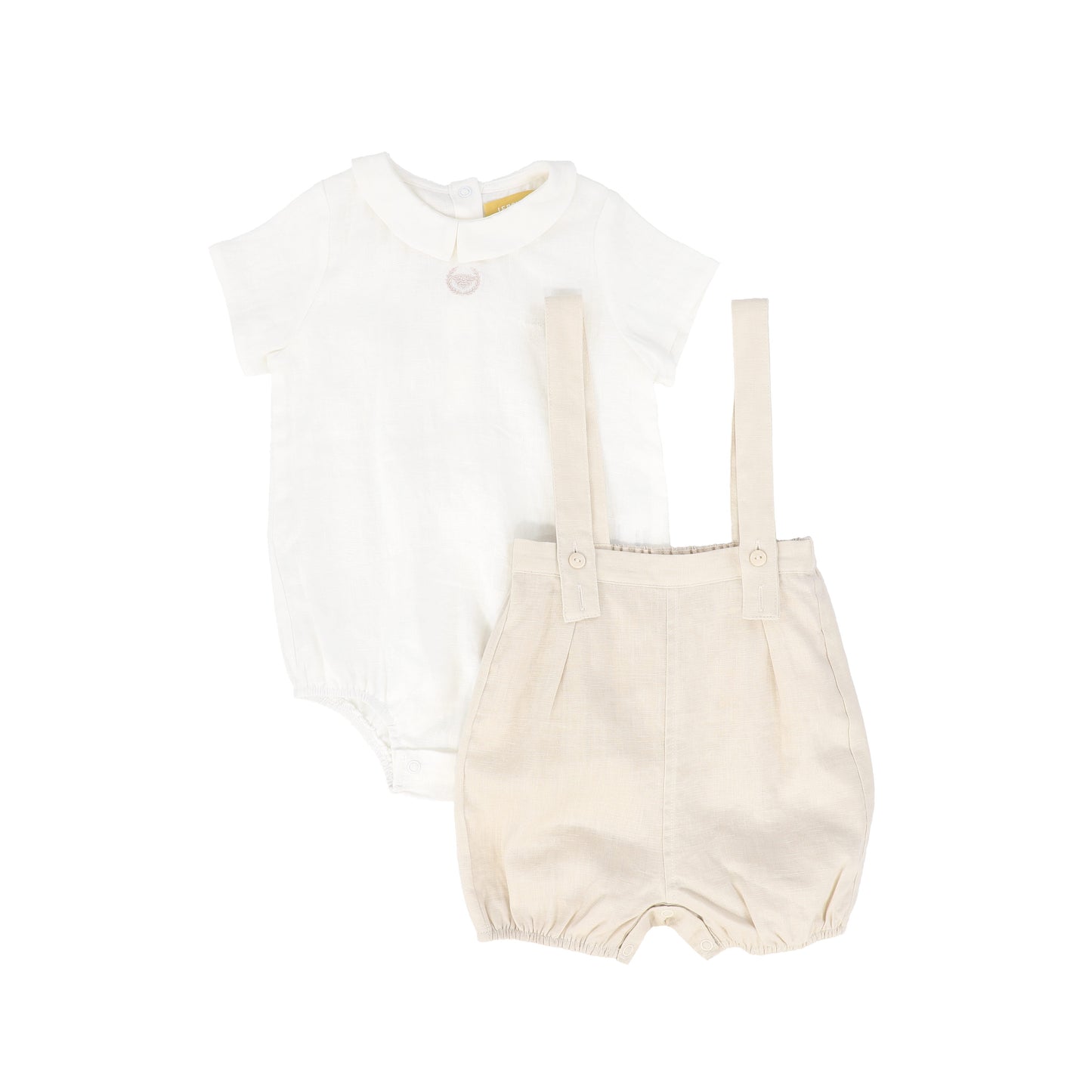 LE BOURDON WHITE/TAN LINEN BUBBLE OVERALLS SET