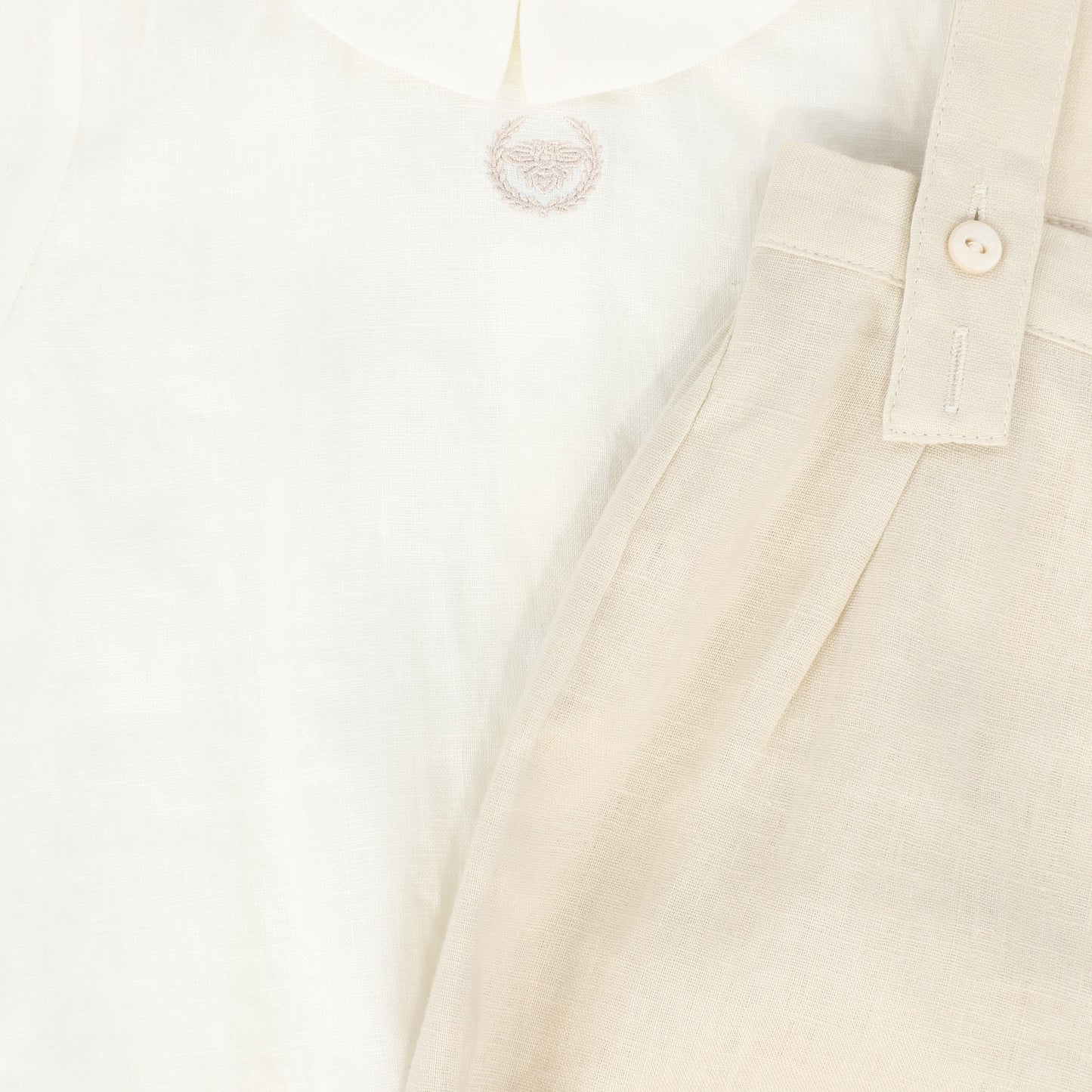 LE BOURDON WHITE/TAN LINEN BUBBLE OVERALLS SET