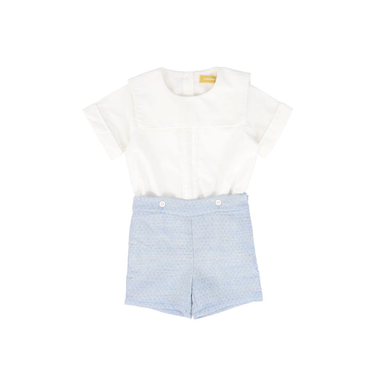 LE BOURDON LIGHT BLUE TEXTURED PIPED TRIM SHORTS SET