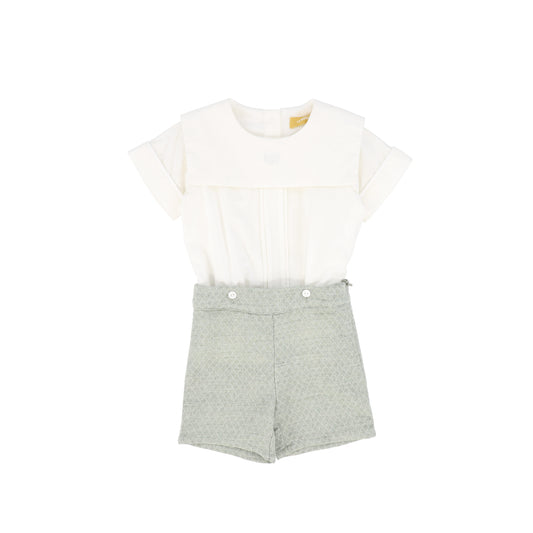 LE BOURDON GREEN TEXTURED PIPED TRIM SHORTS SET