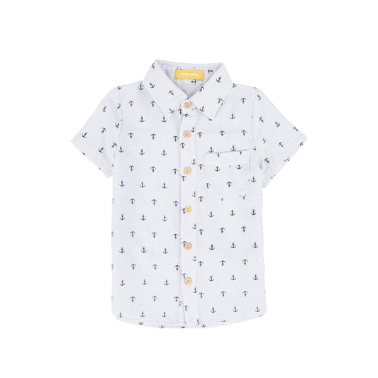 LE BOURDON BLUE ANCHOR PRINT SEERSUCKER BLOUSE