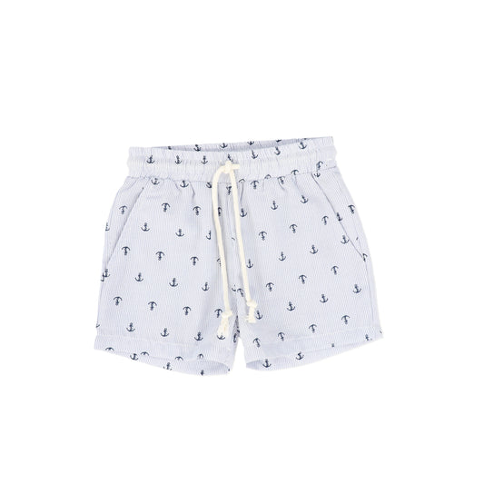 LE BOURDON BLUE ANCHOR PRINT SEERSUCKER SHORTS