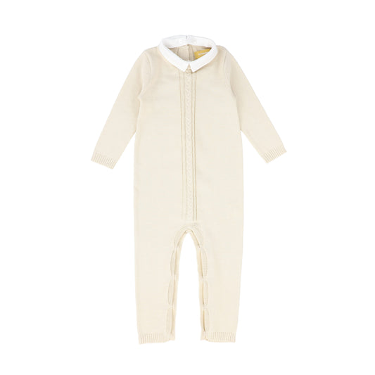 LE BOURDON BEIGE KNIT CABLE STRIPE COLLAR ROMPER