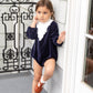 NOUNELLE NAVY VELOUR LACE TRIM ROMPER