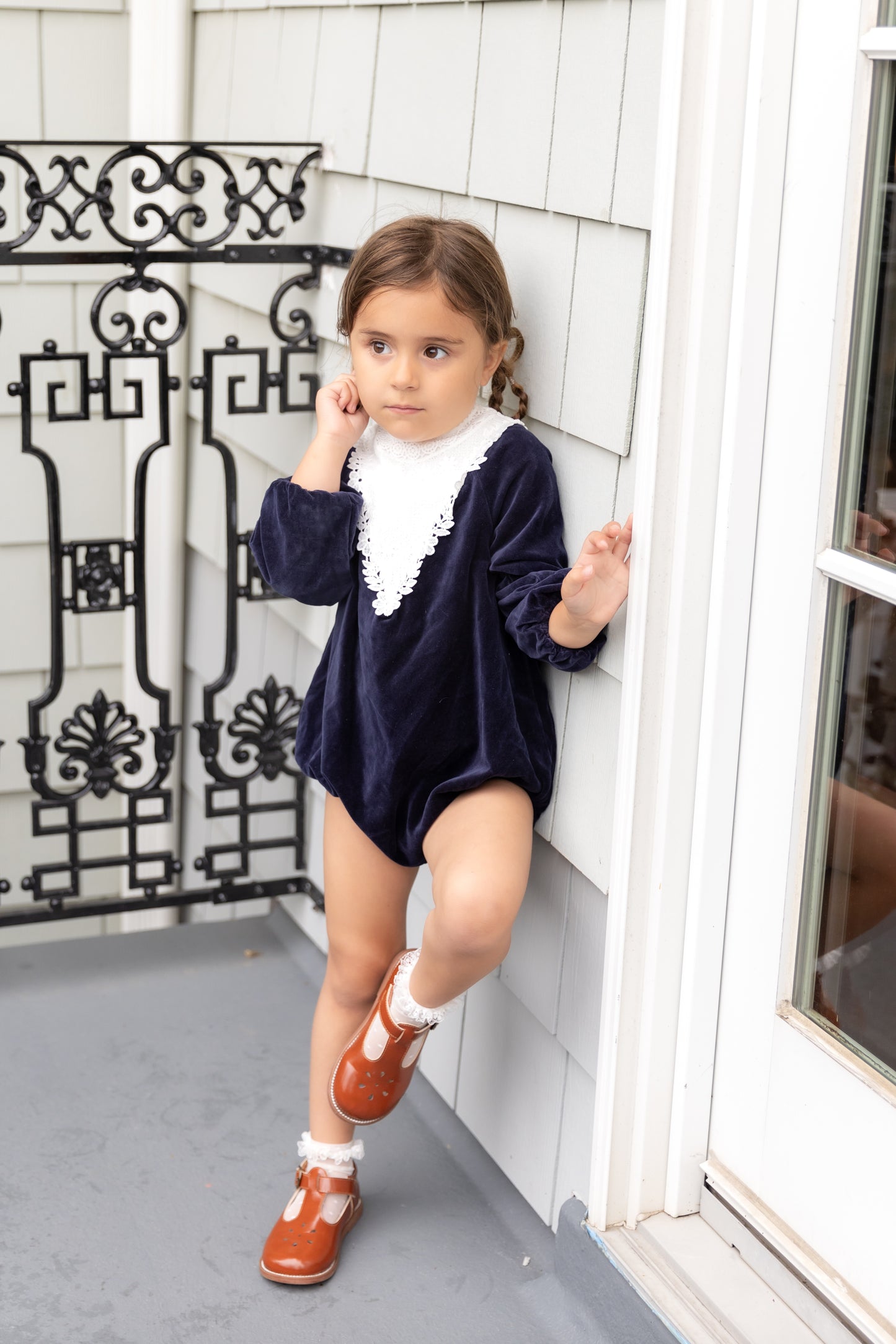 NOUNELLE NAVY VELOUR LACE TRIM ROMPER