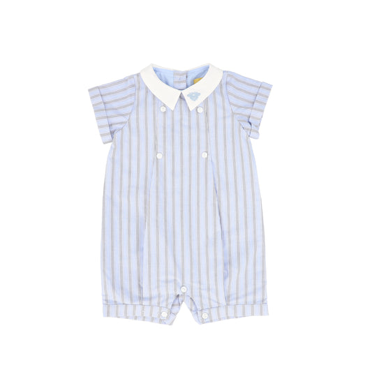 LE BOURDON BLUE DOUBLE STRIPE BUTTON PLEAT ROMPER