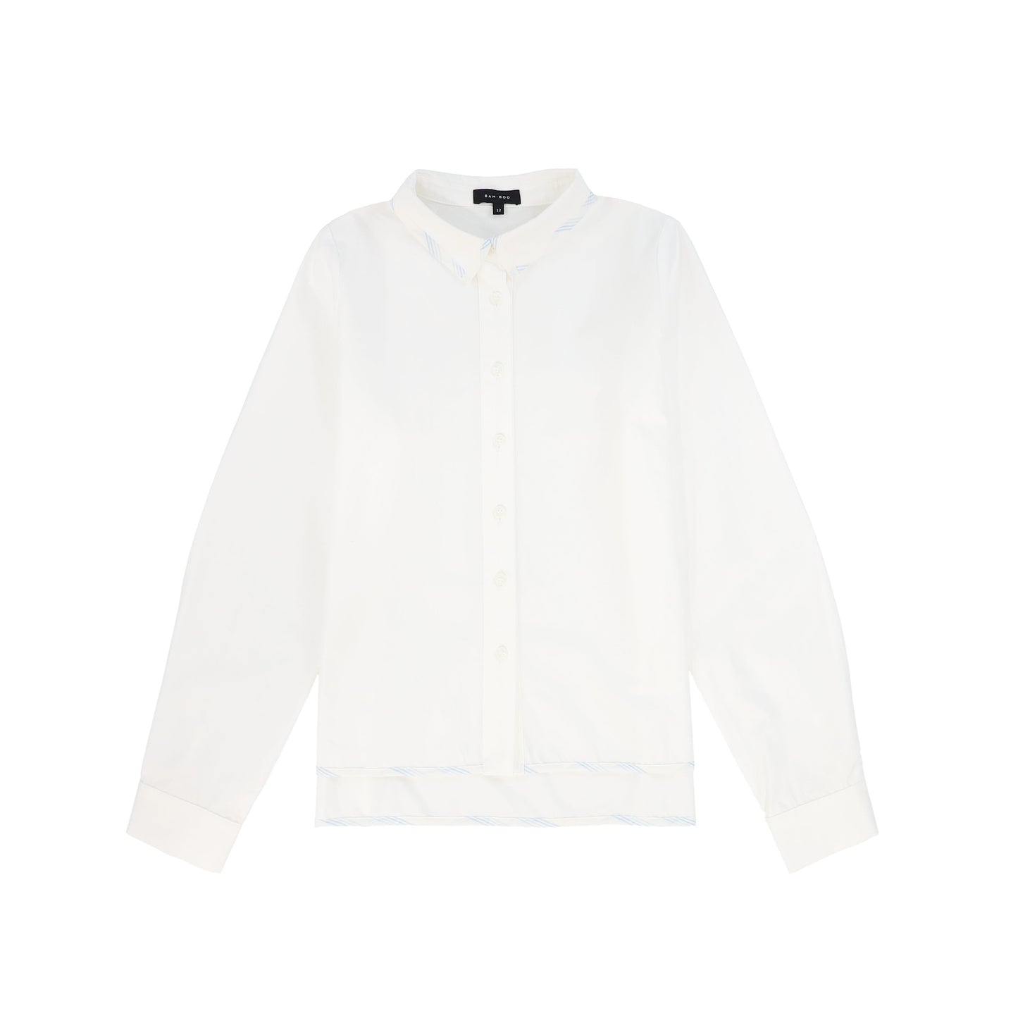 BAMBOO WHITE/BLUE STRIPE TRIM COLLAR BLOUSE