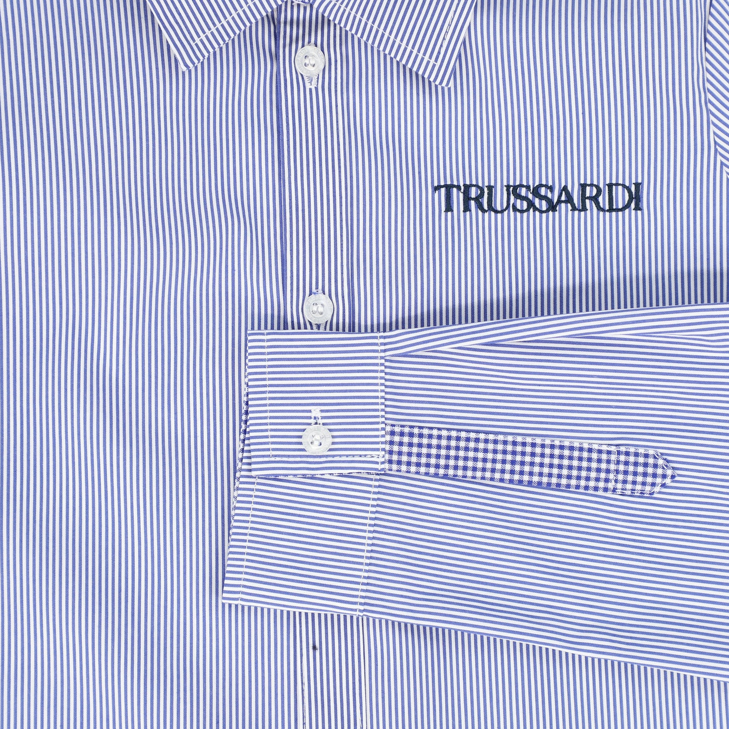 TRUSSARDI BLUE/WHITE STRIPED LOGO COLLAR SHIRT