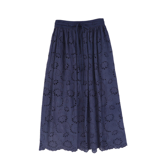 VALENTINA NAVY EYELET WAISTED MIDI SKIRT