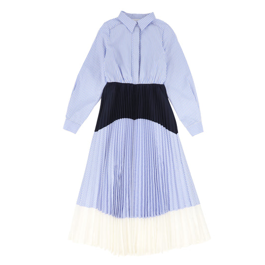 VALENTINA LIGHT BLUE STRIPED PLEATED COMBO DRESS