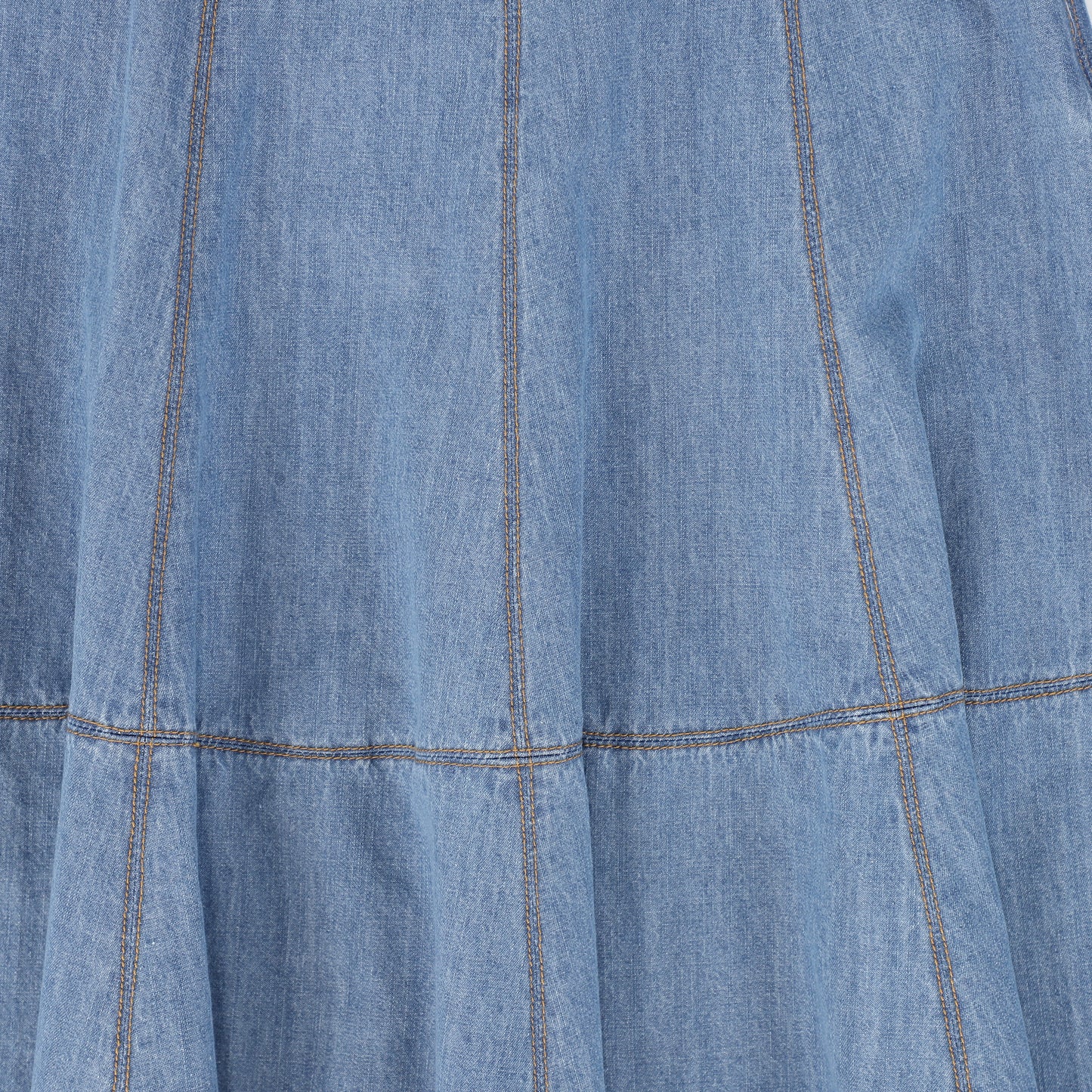 VALENTINA LIGHT BLUE DENIM SEAM PANELED MAXI SKIRT